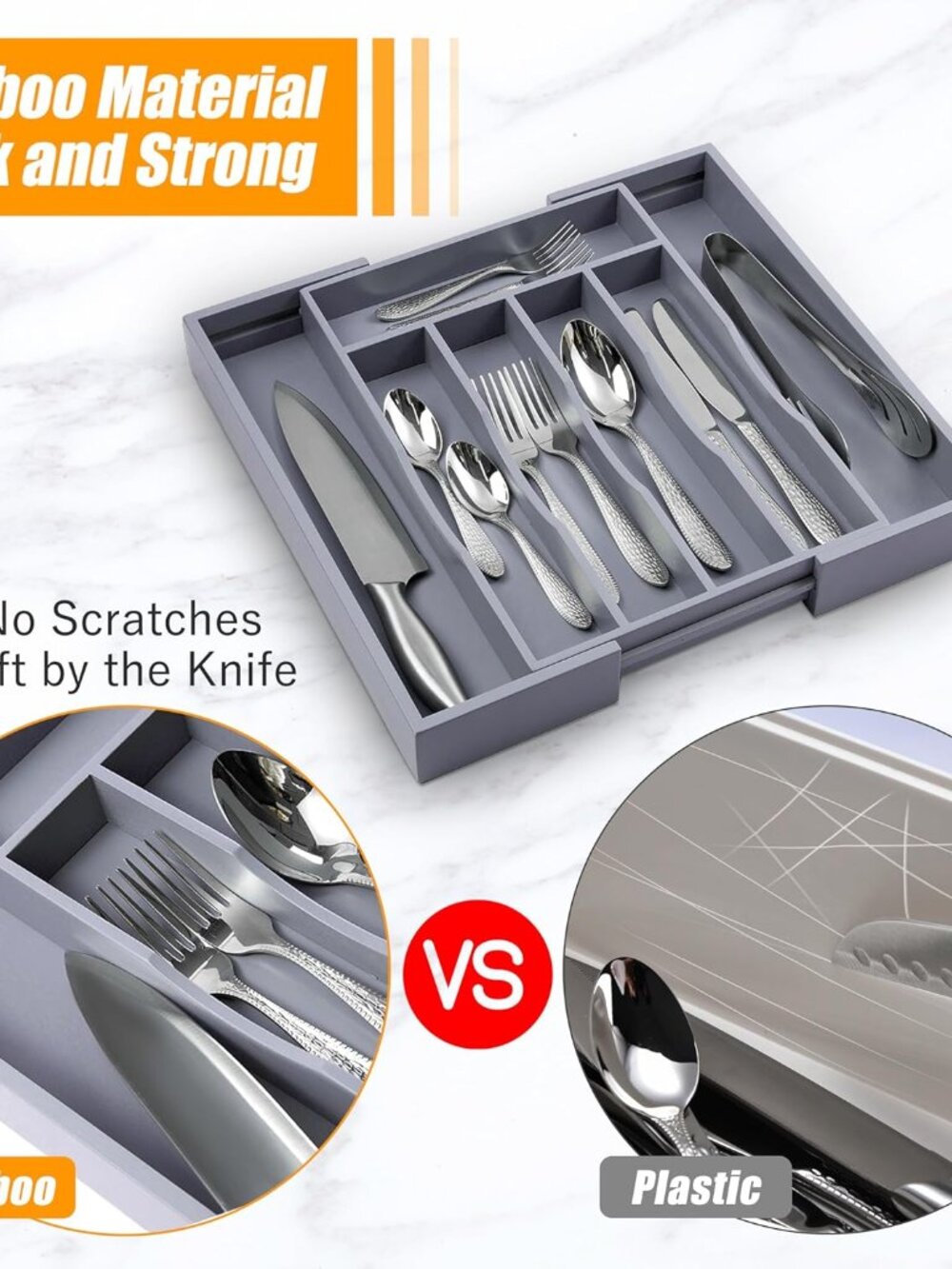Kitchen Silverware Drawer Organizer and Storage Bamboo Wood Cooking Utensil Hold - Picture 3 of 8
